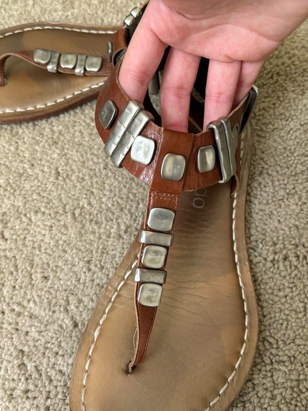 Bernardo Brown Leather T-Strap Sandals with Silver Studs - Picture 2 of 7